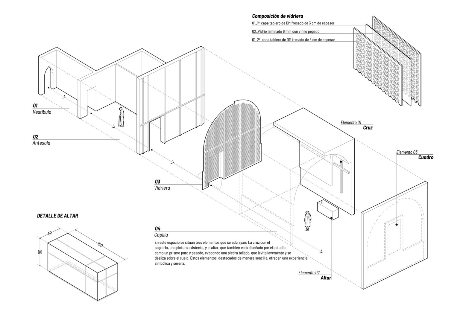 Axonometría explotada. Capilla sagrado corazón por JAO Arquitectura.
